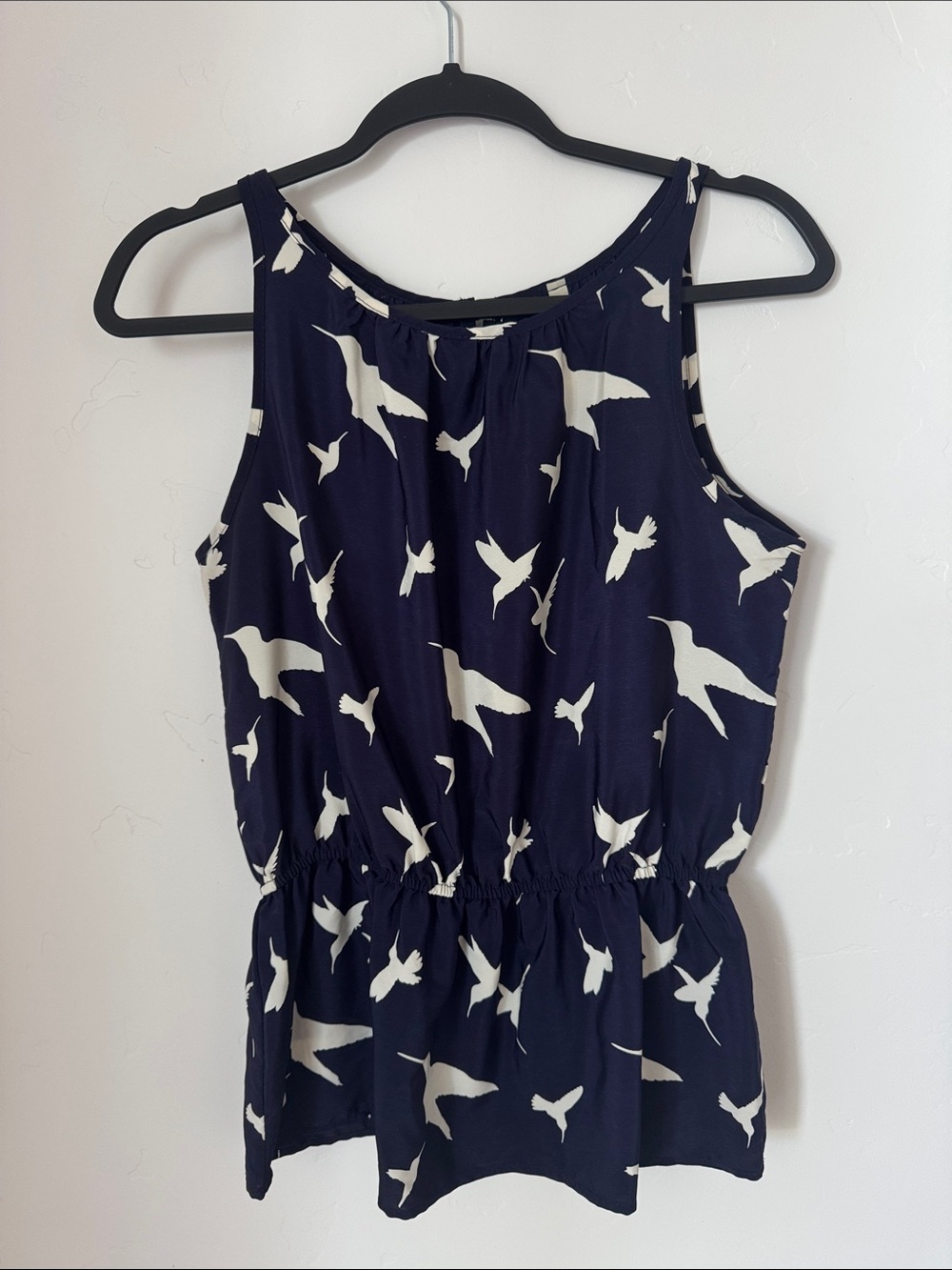 Paper Crane Bird Novelty Print Sleeveless Blouse Navy Ivory White Made in USA M
